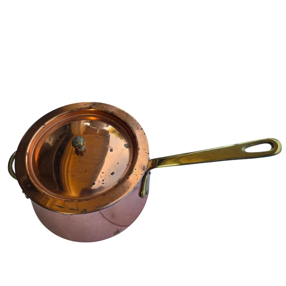 Vintage Copper Saucepan with Lid Stainless Steel Lined Brass Handles 7 Inch